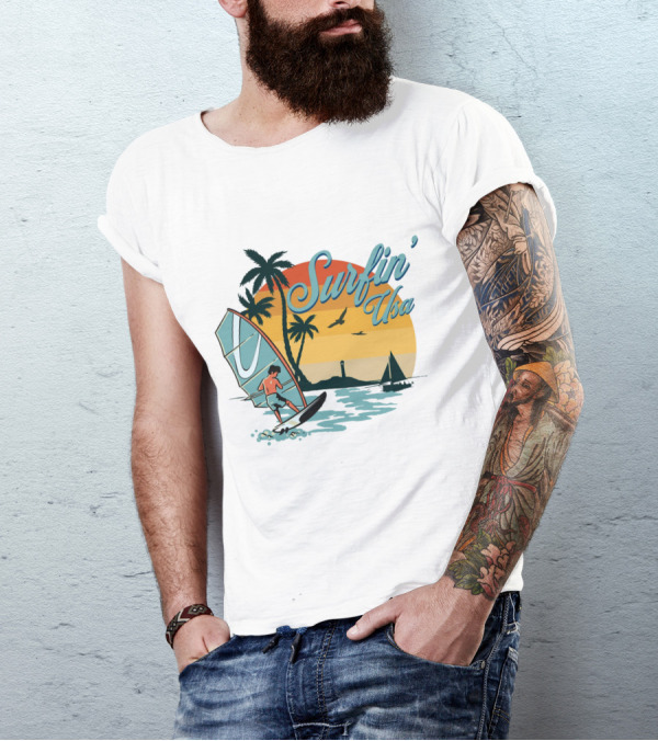 Surfin' Usa Retro Sunset Windsurfer Palm Trees Ocean Scene T-Shirt
