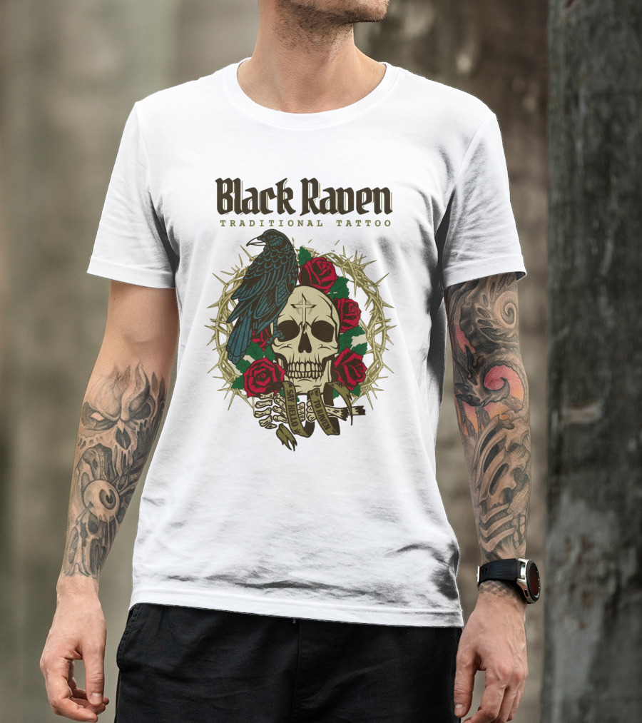 Black Raven Traditional Tattoo Skull Roses Thorns T-Shirt