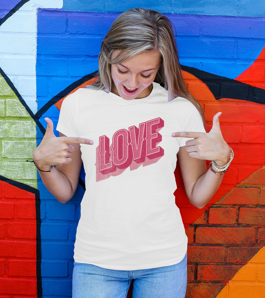 Love Lettering Typography Valentine's Day Pink 3D Effect T-Shirt