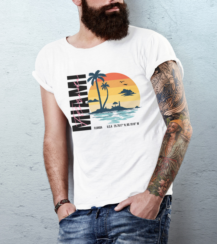 Florida Miami Beach Sunset Coordinates Palm Trees T-Shirt