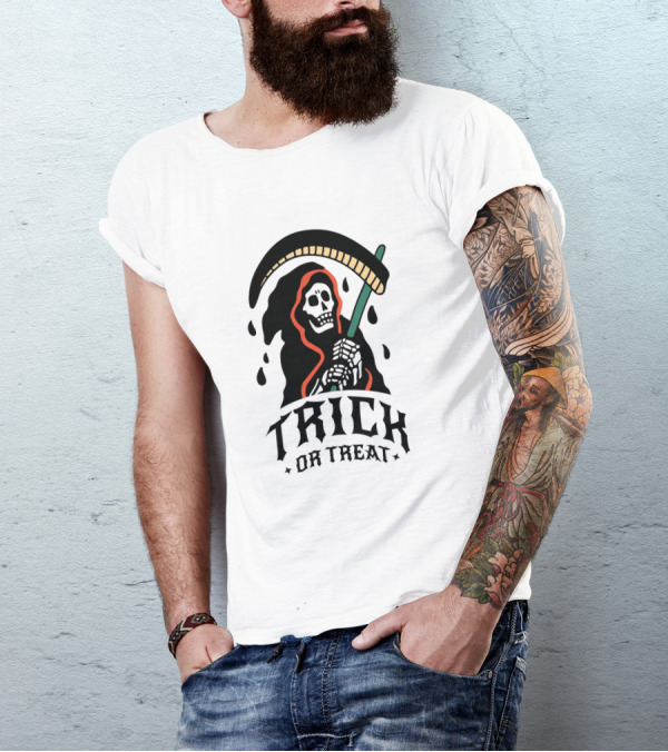 Trick Or Treat Grim Reaper Skeleton With Scythe Halloween T-Shirt