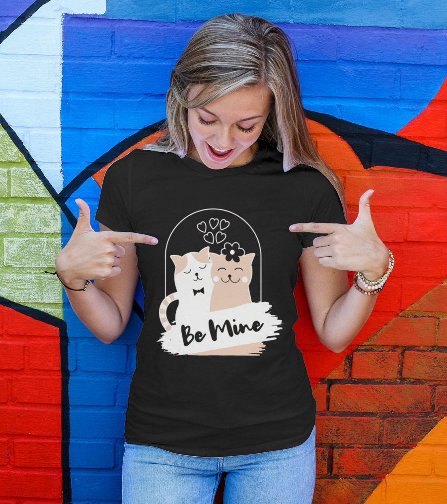 Be Mine Cute Cat Couple With Hearts And Bow Tie T-Shirt