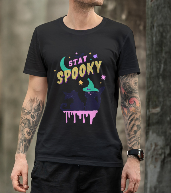 Stay Spooky Halloween Cats Moon Witch Hat Dripping Stars T-Shirt
