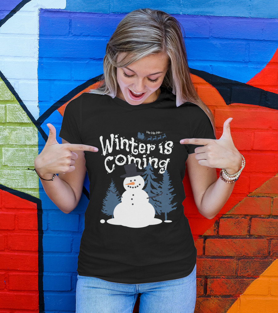 Winter Is Coming Snowman With Ho Ho Ho Santa Sleigh T-Shirt