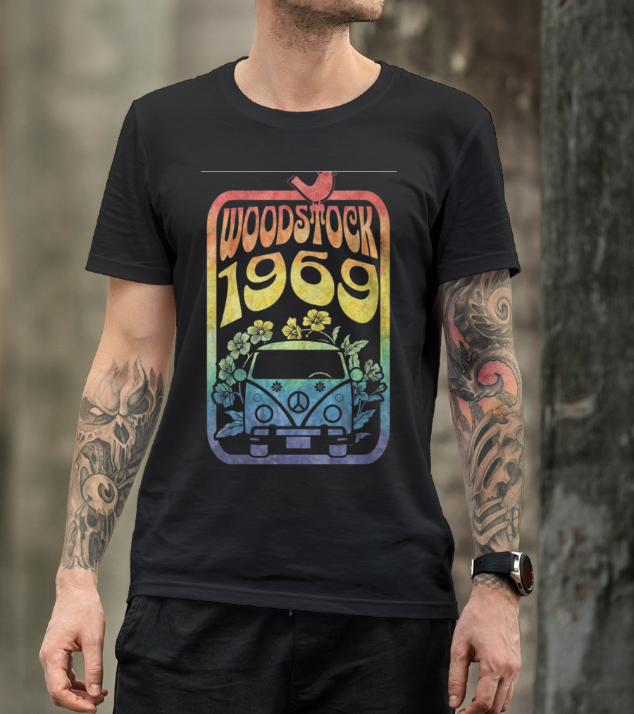Woodstock 1969 Colorful Campervan Peace Symbol With Flowers T-Shirt