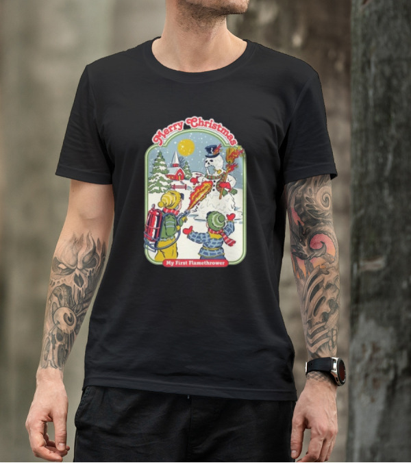 Merry Christmas My First Flamethrower Vintage Snowman Scene T-Shirt
