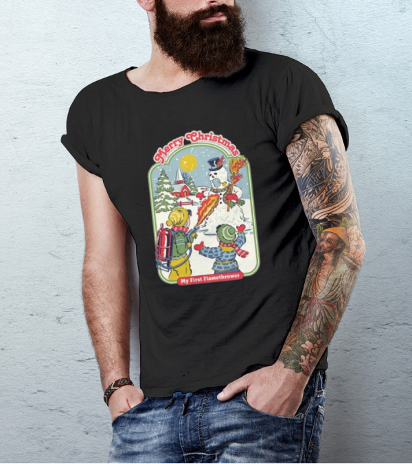 Merry Christmas My First Flamethrower Vintage Snowman Scene T-Shirt
