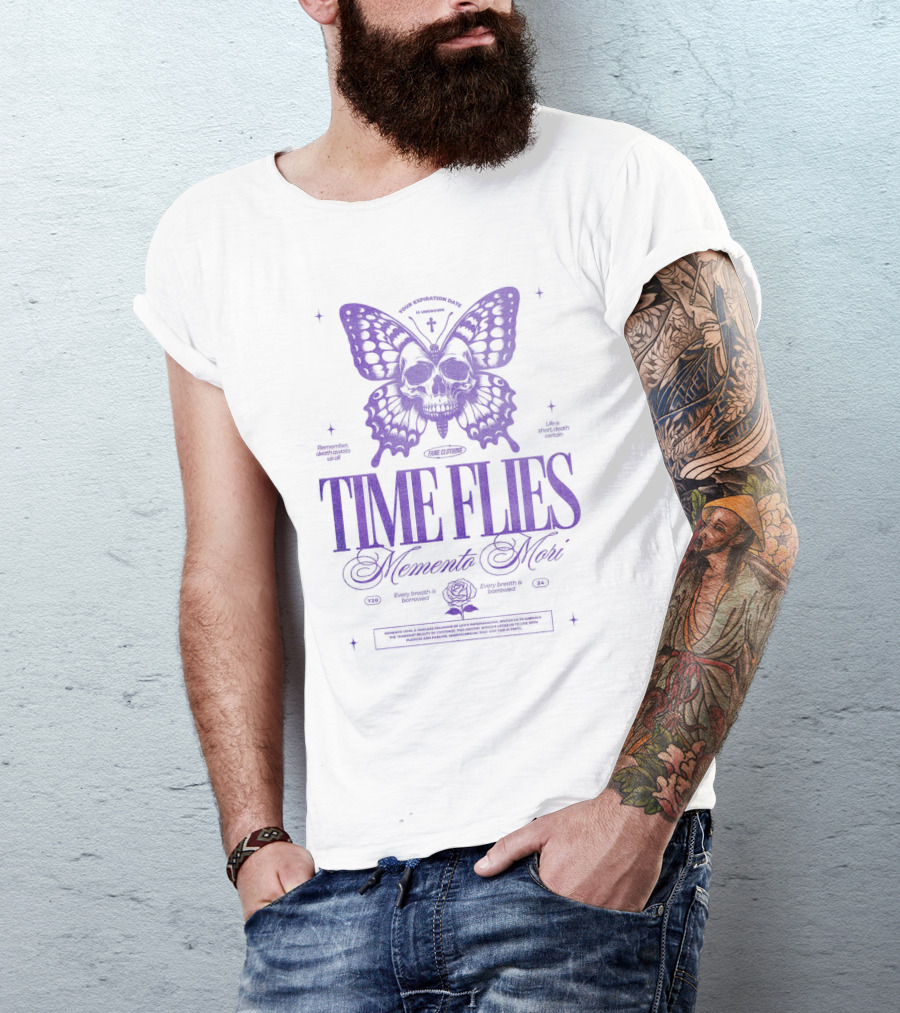 TIME FLIES Memento Mori Butterfly Skull T-Shirt