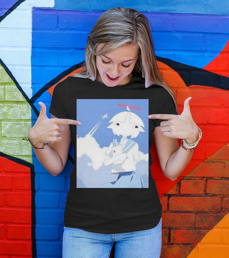 Chew’s District Clowdy Angelic Character Holding Notebook In Blue Sky With Airplane T-Shirt