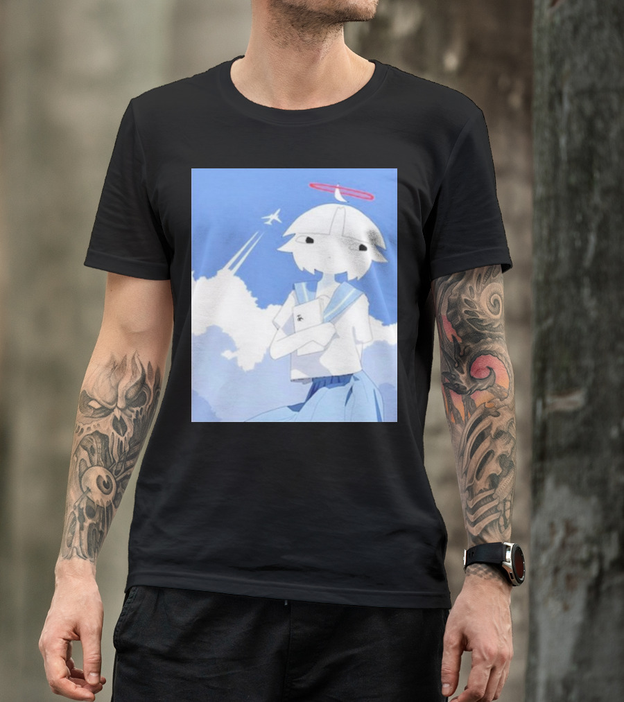 Chew’s District Clowdy Angelic Character Holding Notebook In Blue Sky With Airplane T-Shirt
