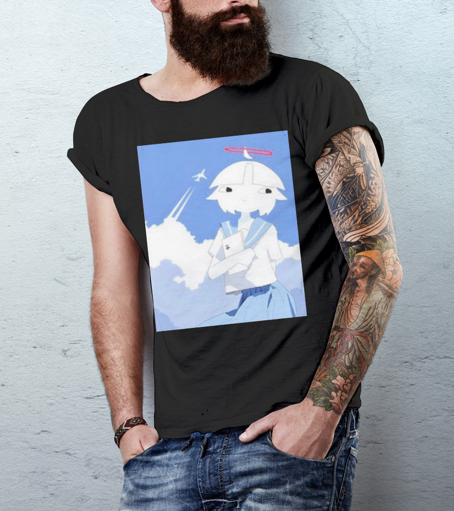 Chew’s District Clowdy Angelic Character Holding Notebook In Blue Sky With Airplane T-Shirt