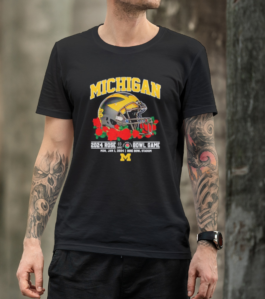 Michigan Football 2024 Rose Bowl Game Mon Jan 1 Rose Bowl Stadium Helmet Roses T-Shirt