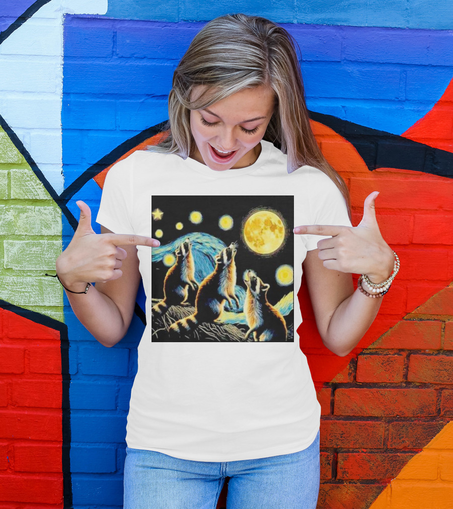 Raccoons Howling At Full Moon Starry Night Trash Pandas T-Shirt
