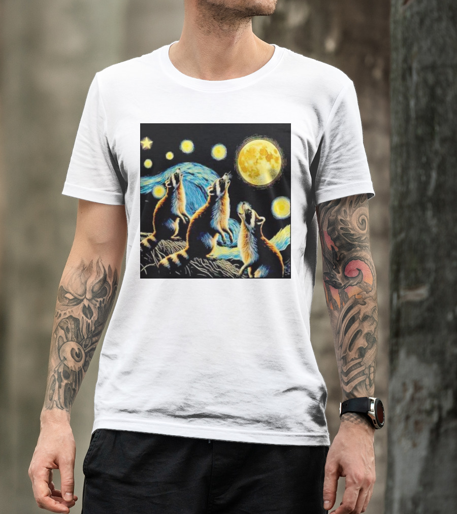 Raccoons Howling At Full Moon Starry Night Trash Pandas T-Shirt