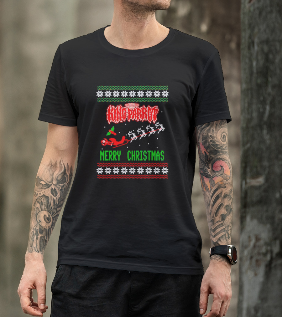 King Parrot Merry Christmas Ugly Sweater Rudolf Reindeer Sleigh Snowflakes T-Shirt