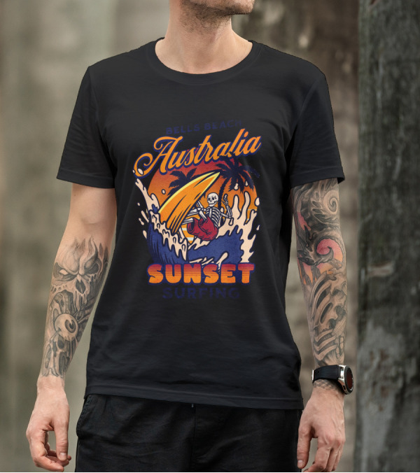 Bells Beach Australia Sunset Surfing Skeleton On Wave With Palm Trees T-Shirt