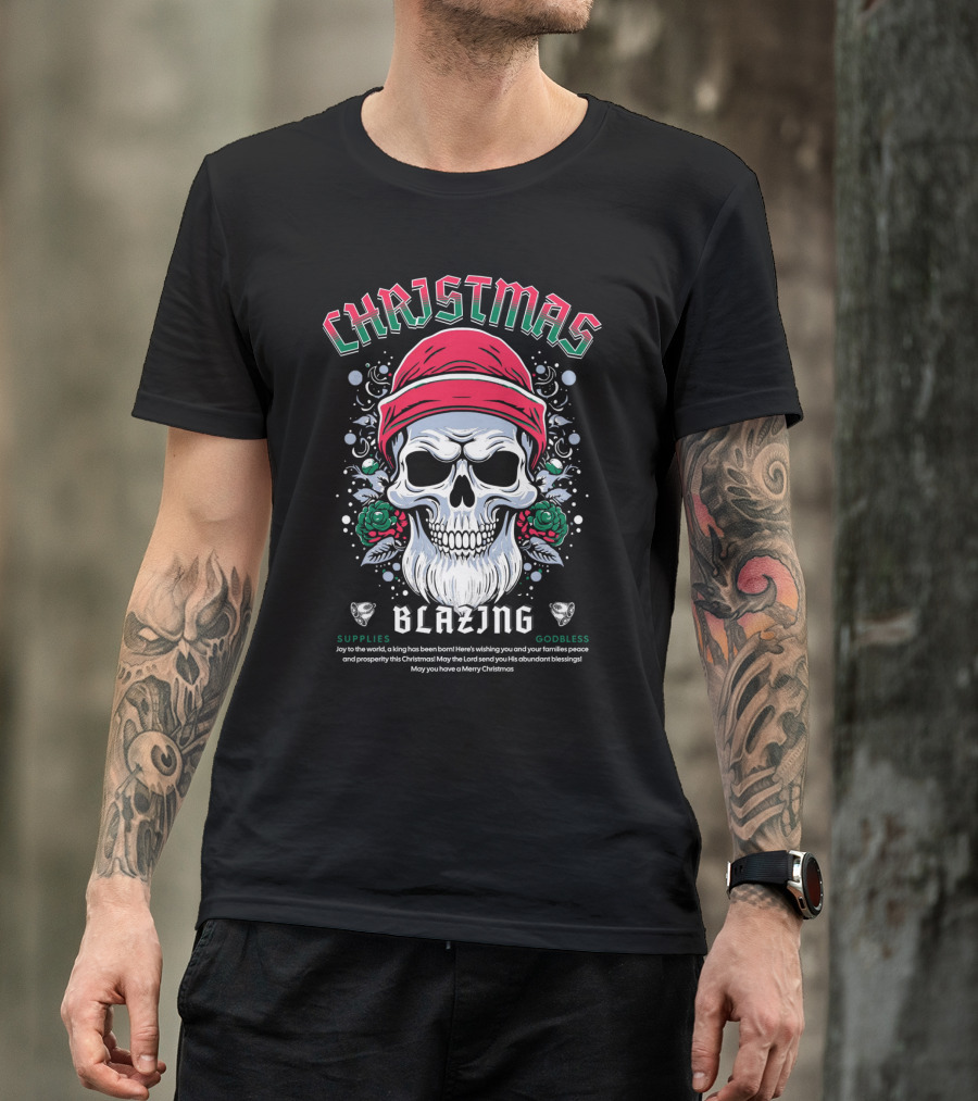 CHAJISMIS Blazing Skull Joy To The World Merry Christmas T-Shirt