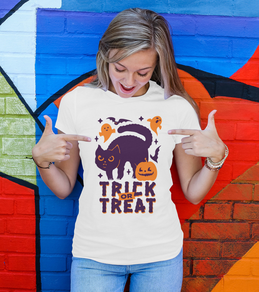 Trick Or Treat Cats Ghosts Pumpkins And Bats T-Shirt