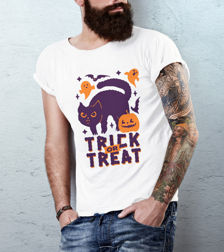 Trick Or Treat Cats Ghosts Pumpkins And Bats T-Shirt