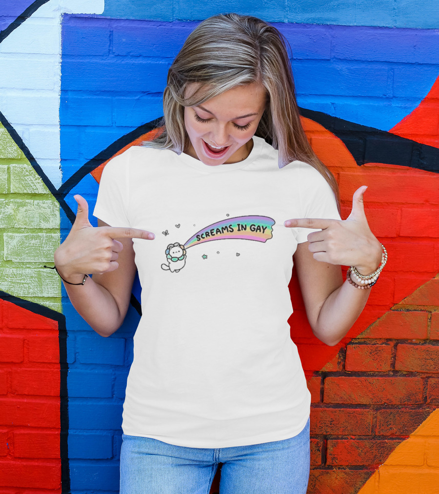 Screams In Gay Cat With Rainbow Trail And Hearts T-Shirt
