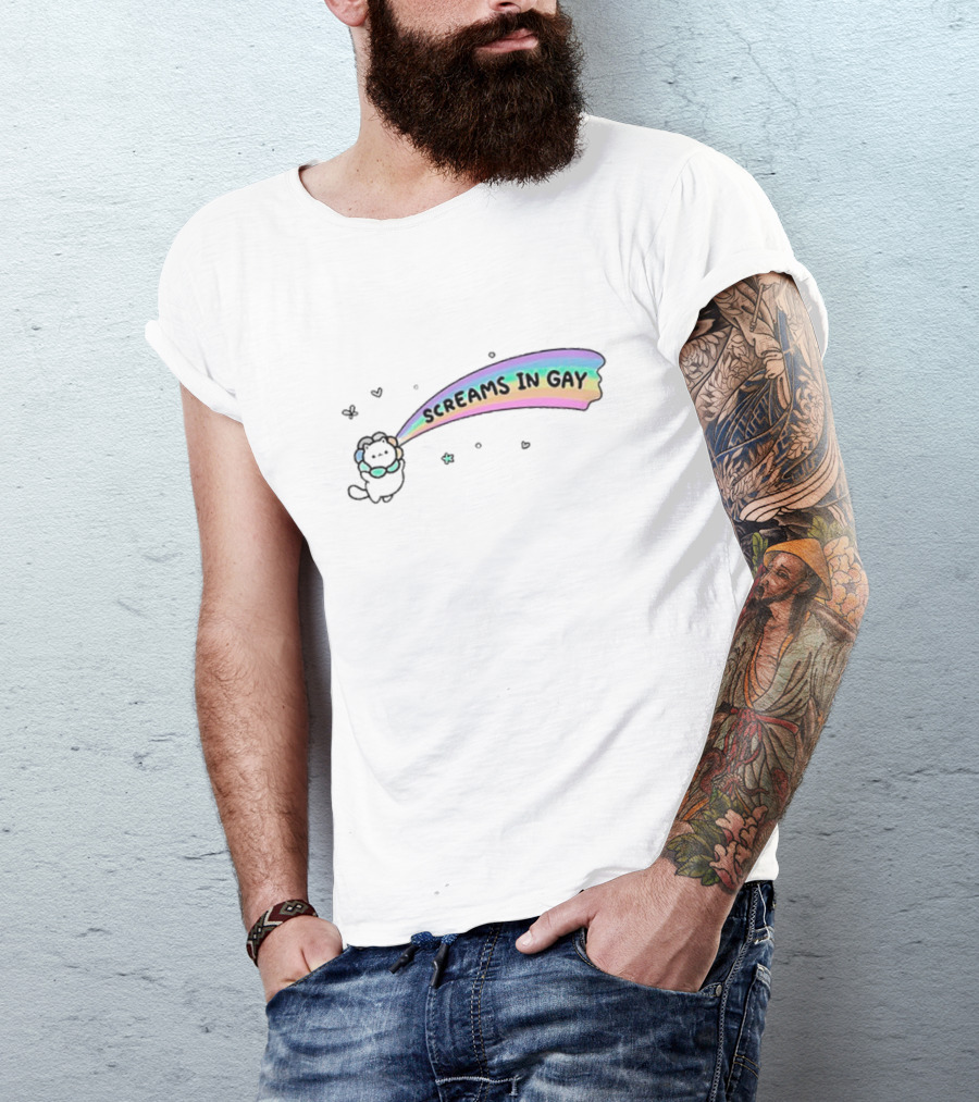 Screams In Gay Cat With Rainbow Trail And Hearts T-Shirt