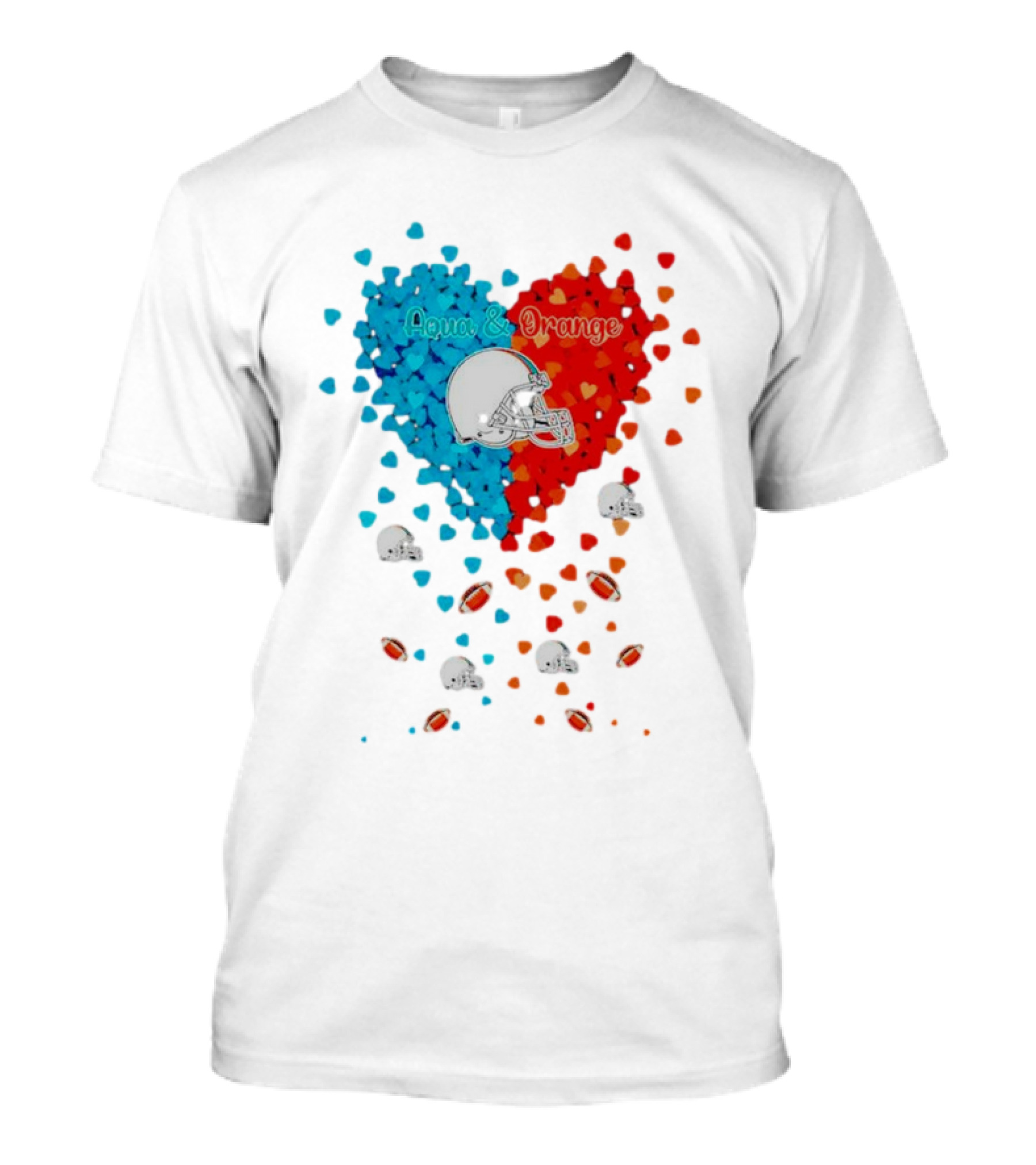 Miami Dolphins Aqua And Orange Heart With Football Helmets And Hearts T-Shirt
