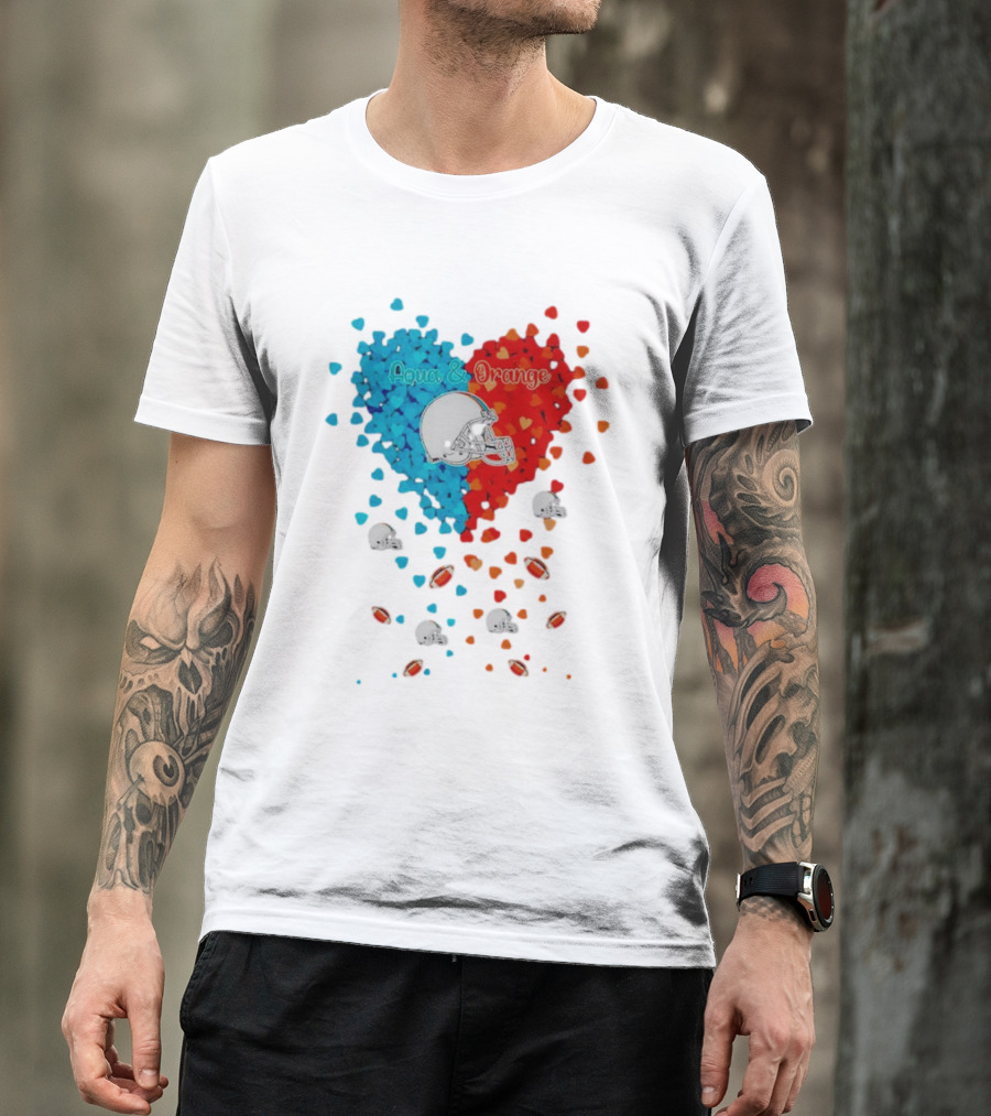 Miami Dolphins Aqua And Orange Heart With Football Helmets And Hearts T-Shirt