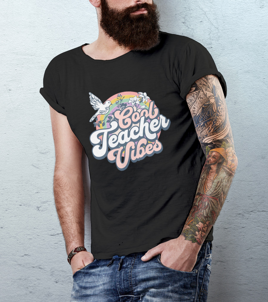 Cool Teacher Vibes Retro Rainbow Floral Design With Dove T-Shirt