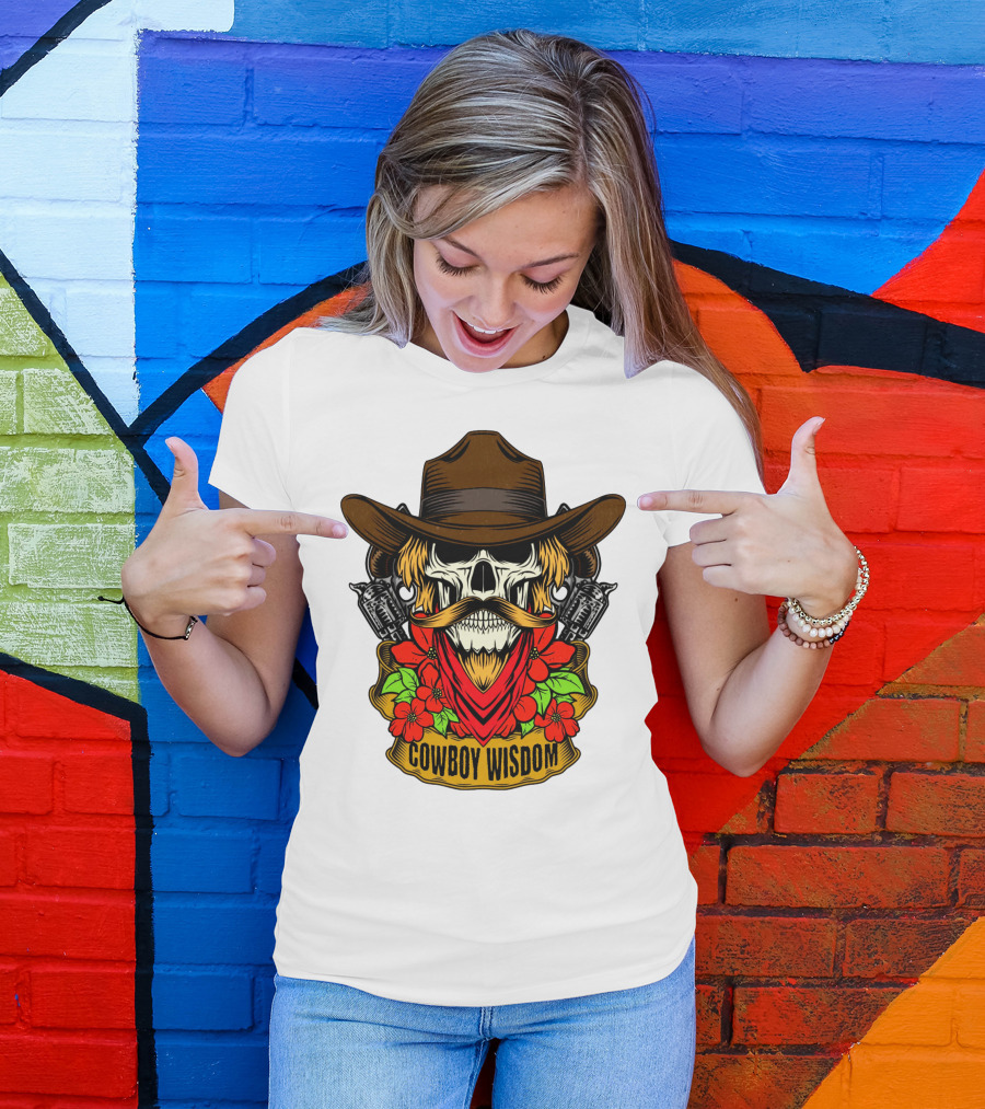 Cowboy Wisdom Skull Western Skeleton Bandana Pistols Flowers T-Shirt