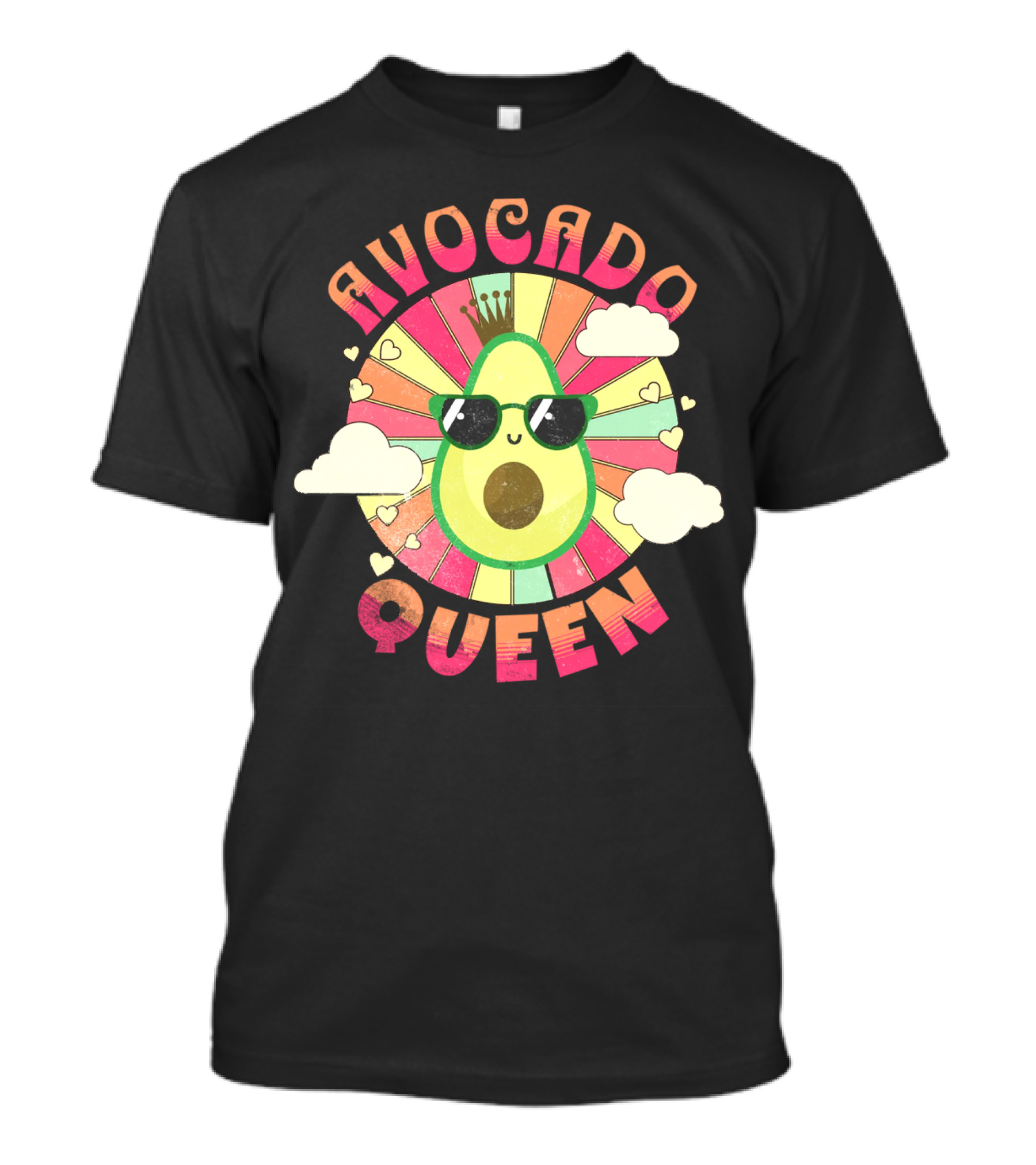 Kawaii Avocado Queen Retro Rainbow Sunburst With Clouds And Sunglasses T-Shirt