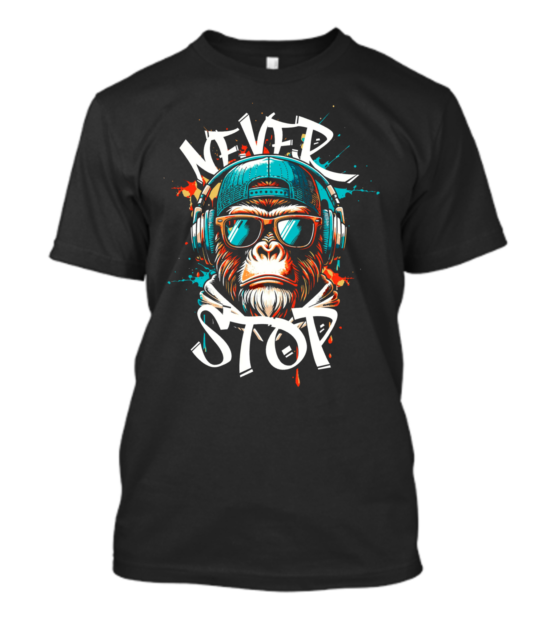 Never Stop Headphones Monkey With Sunglasses And Cap T-Shirt