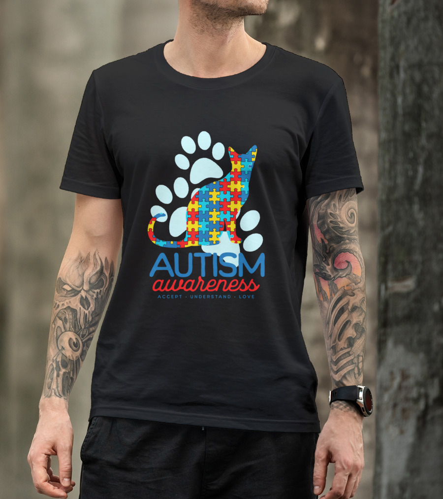 Autism Awareness Accept Understand Love Puzzle Cat Paw T-Shirt