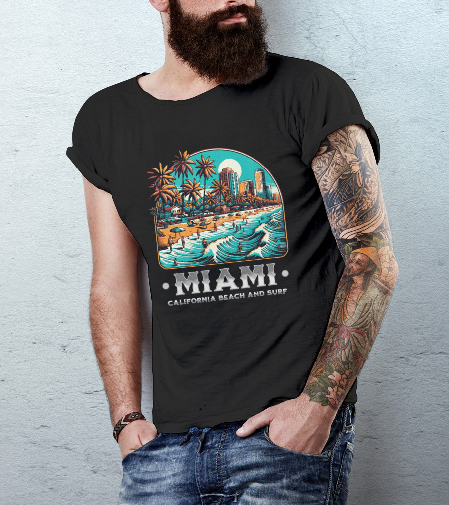 Miami Beach And Surf California Palm Skyline Ocean Waves T-Shirt