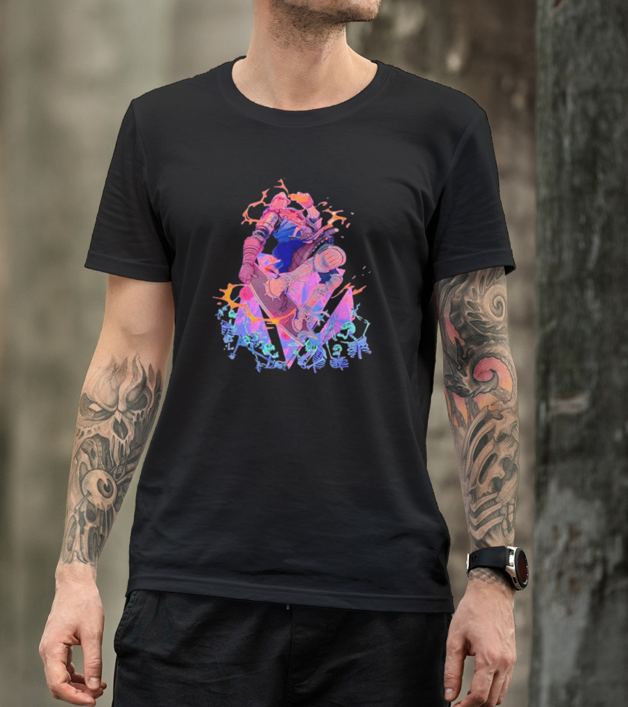 Skateboard Knight Neon Fantasy Warrior On Shredding Skeletons T-Shirt