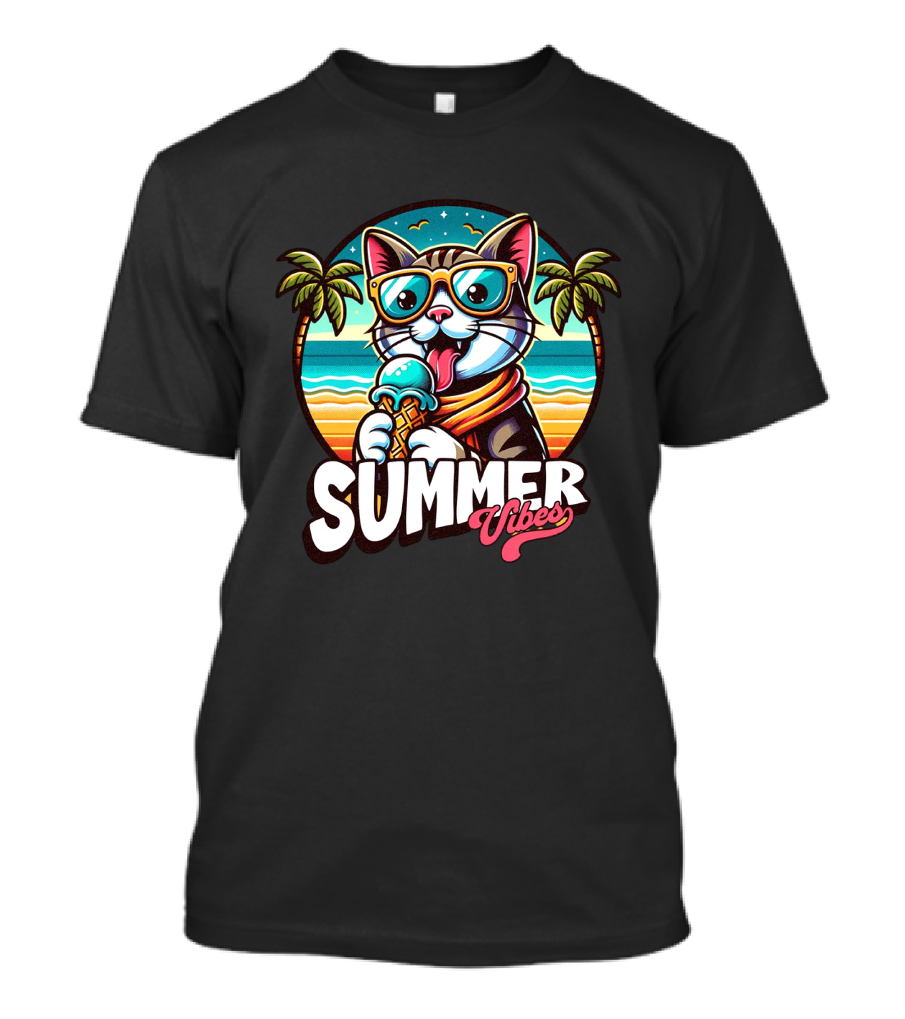 Summer Vibes Cat With Sunglasses And Ice Cream Ocean Sunset Palms T-Shirt