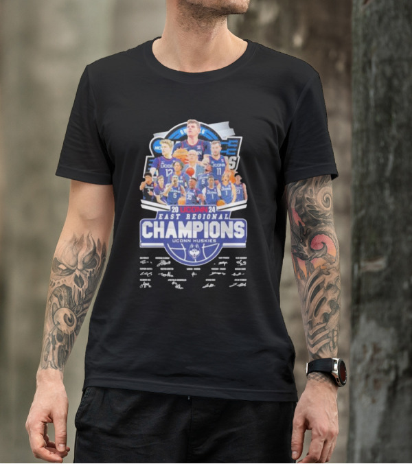 Uconn Huskies 2024 East Regional Champions Men’s Basketball Signatures T-Shirt