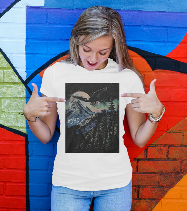 ADHD Eagle Soars Over Mountain Peaks In Glowing Night Sky T-Shirt