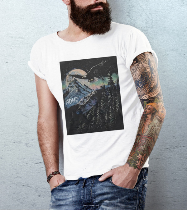 ADHD Eagle Soars Over Mountain Peaks In Glowing Night Sky T-Shirt