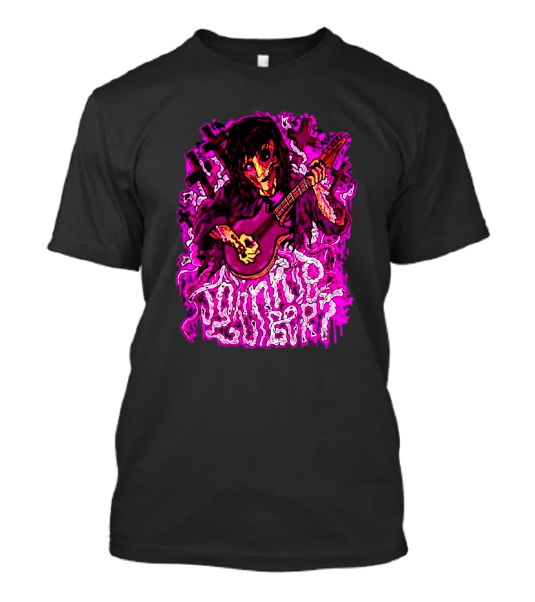 Zombie Johnnie Guilbert Playing Guitar With Purple Light And Crosses Background T-Shirt