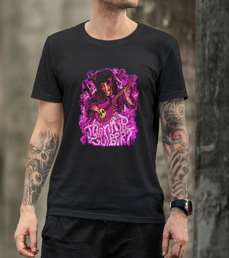 Zombie Johnnie Guilbert Playing Guitar With Purple Light And Crosses Background T-Shirt