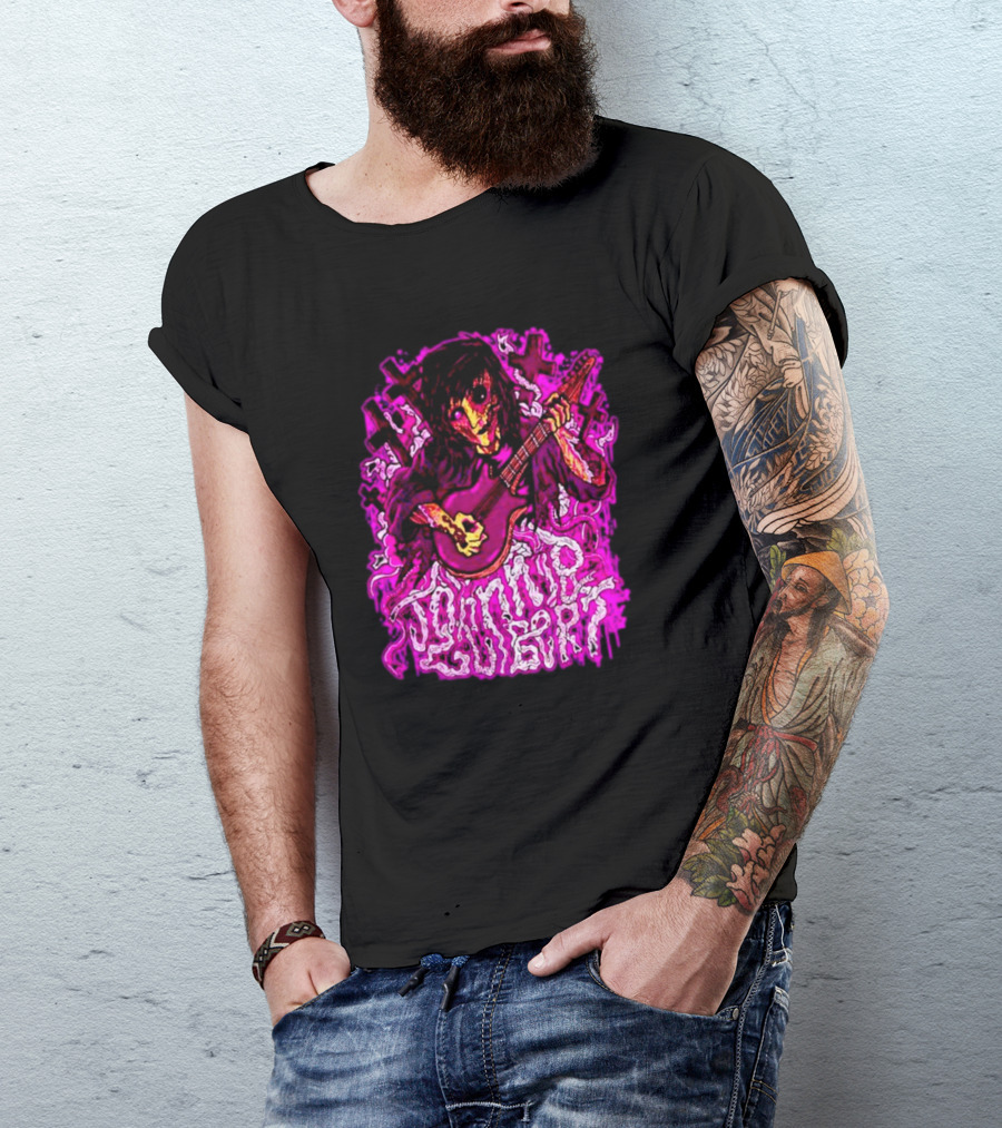 Zombie Johnnie Guilbert Playing Guitar With Purple Light And Crosses Background T-Shirt