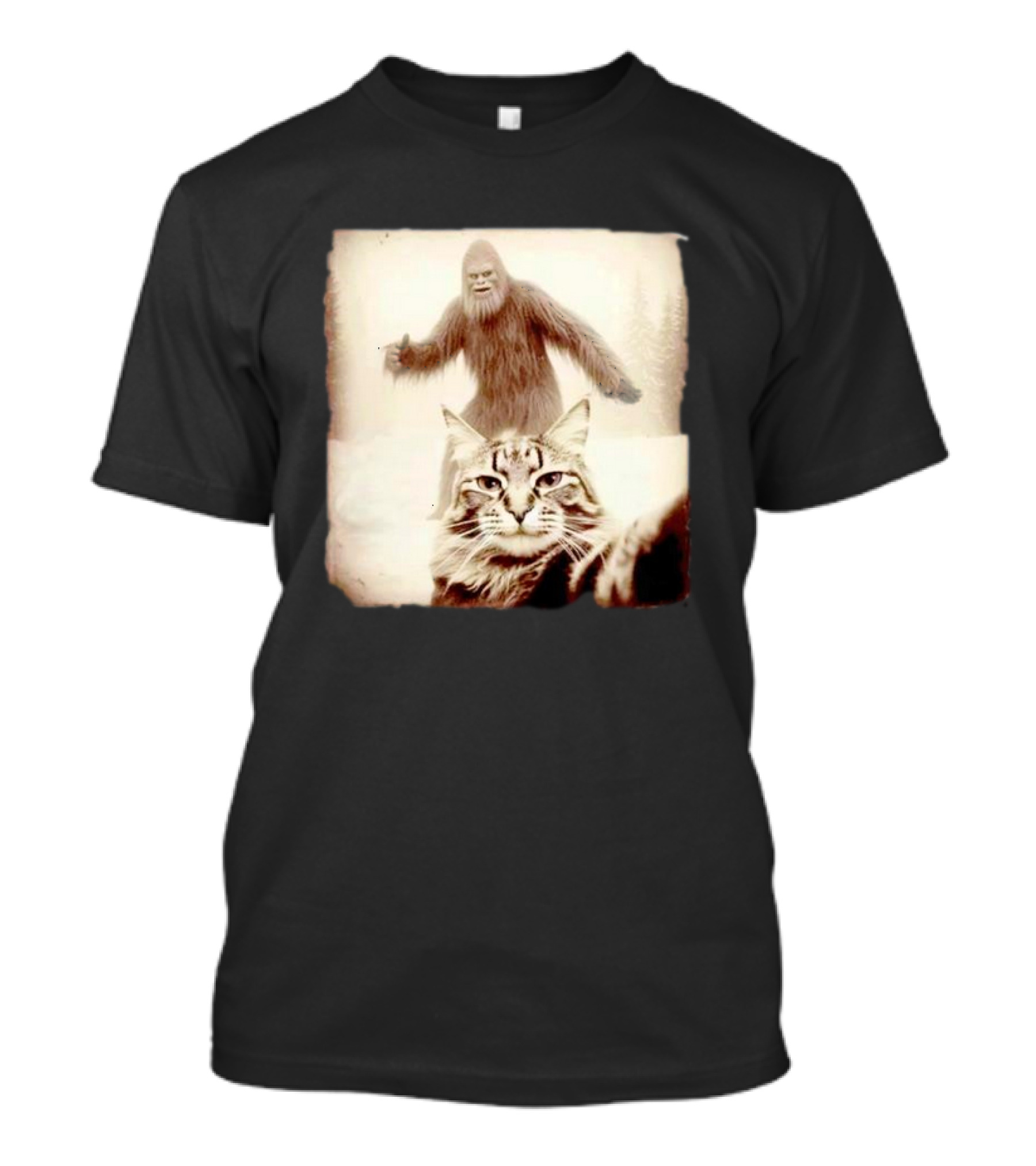 Cat Taking Selfie With Bigfoot In Snowy Forest Scene T-Shirt