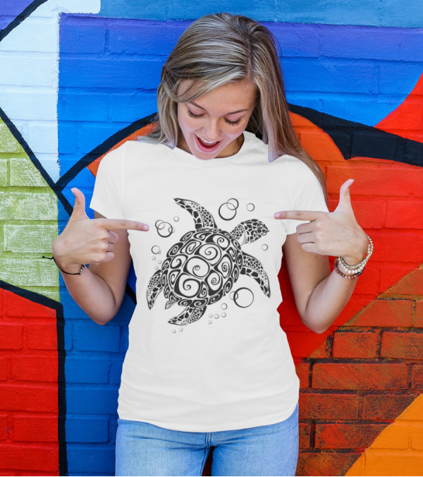 Sea Turtle Tribal Pattern With Bubbles T-Shirt