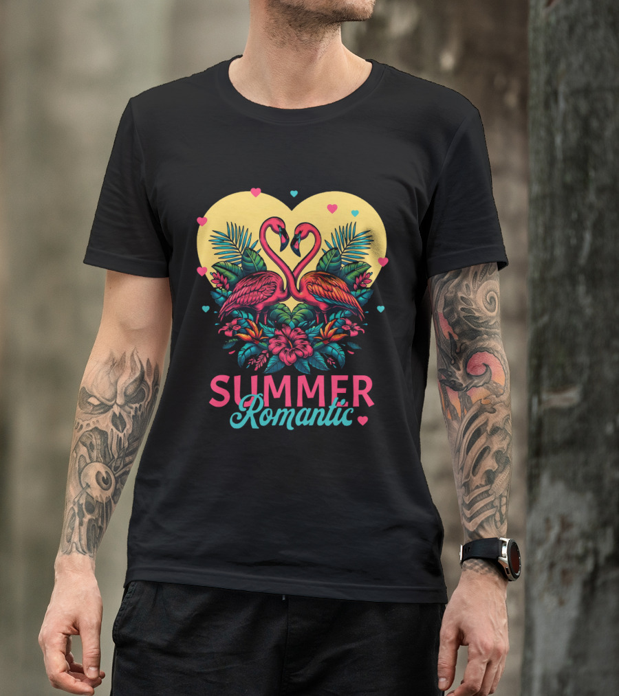 Summer Romantic Flamingo Birds Love Heart And Tropical Flowers T-Shirt