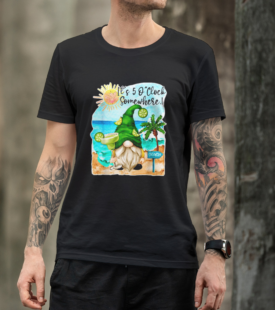 Margarita Gnome It’s 5 O’Clock Somewhere Palm Trees Beach Scene T-Shirt