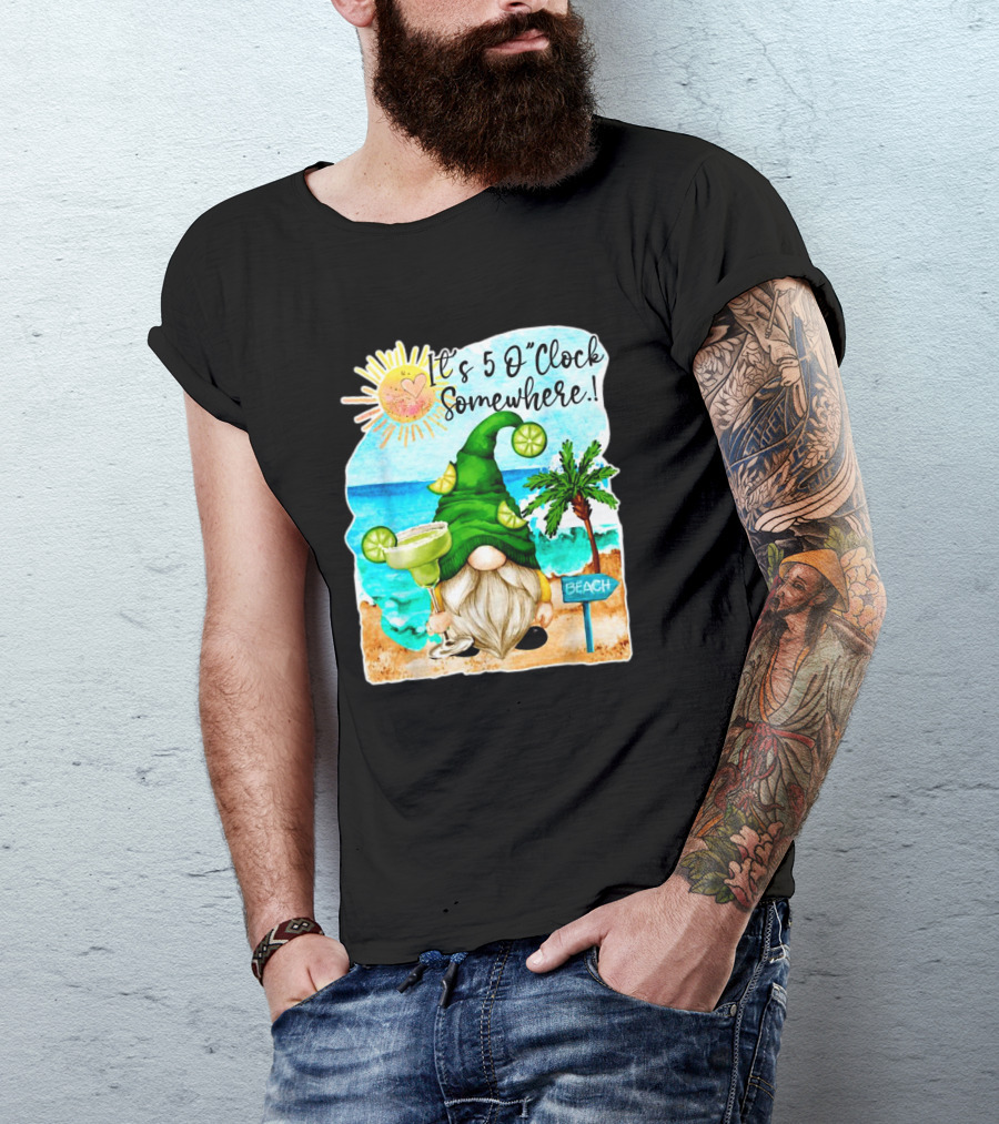 Margarita Gnome It’s 5 O’Clock Somewhere Palm Trees Beach Scene T-Shirt