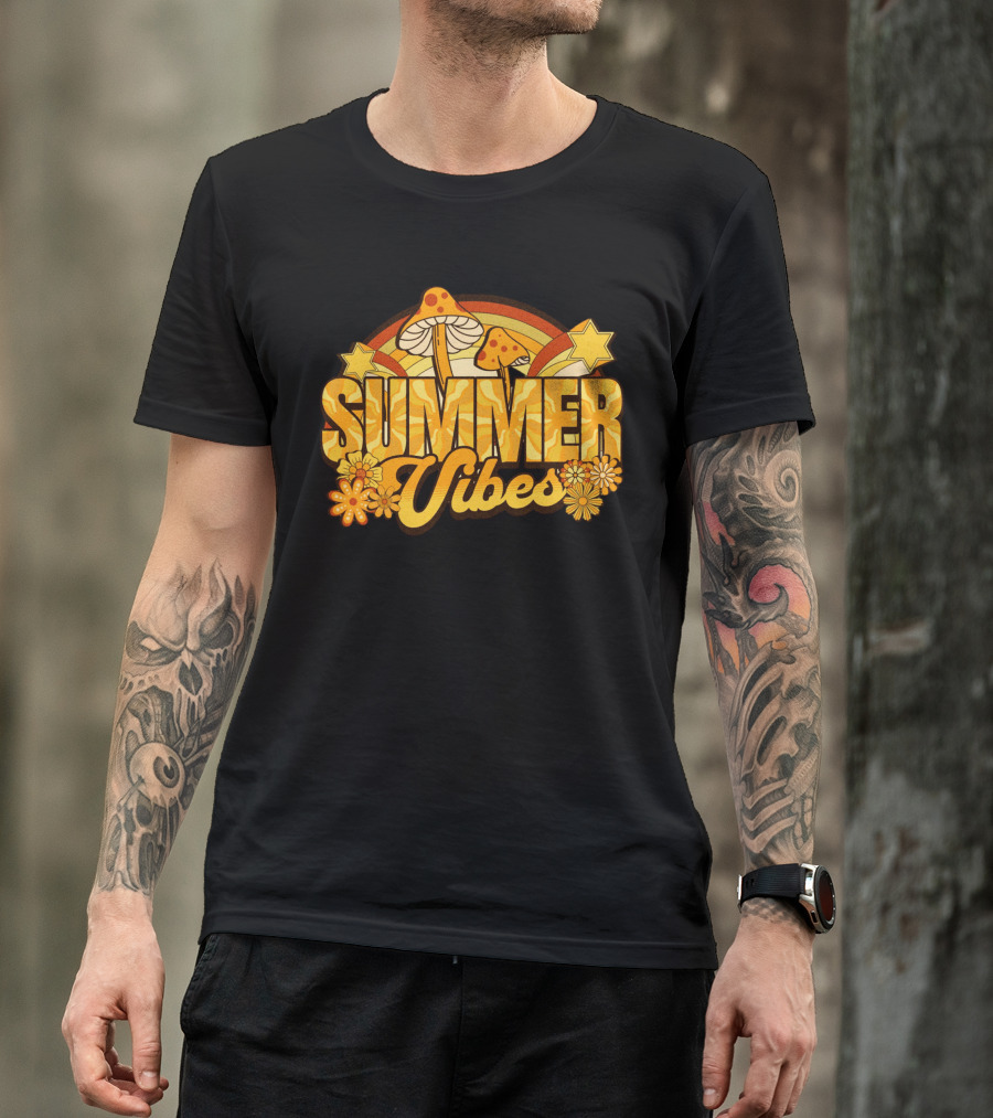 Groovy Summer Vibes With Mushroom And Flower Rainbow T-Shirt