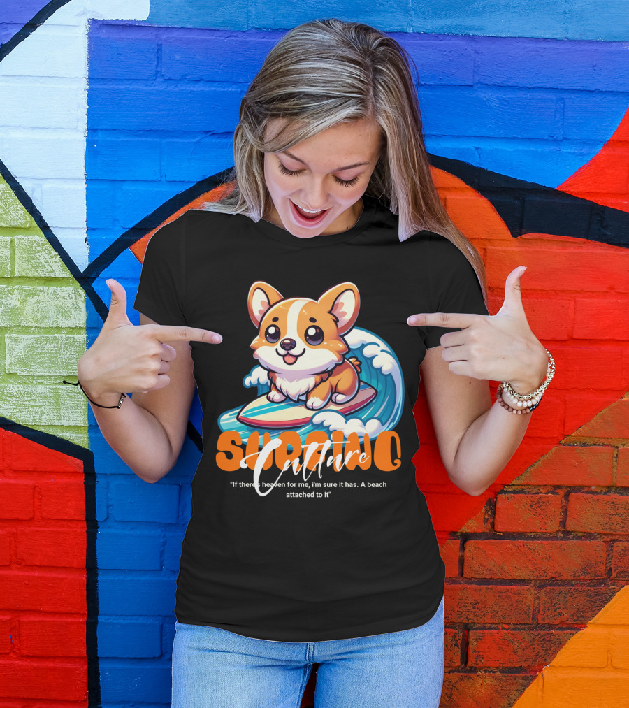 Surfing Culture Corgi On Surfboard With Wave T-Shirt