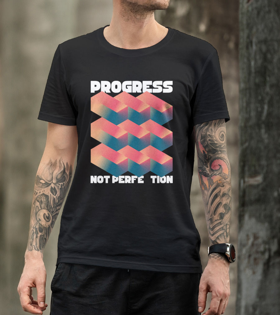 PROGRESS NOT PERFECTION Geometric Illusion 3D Blocks T-Shirt