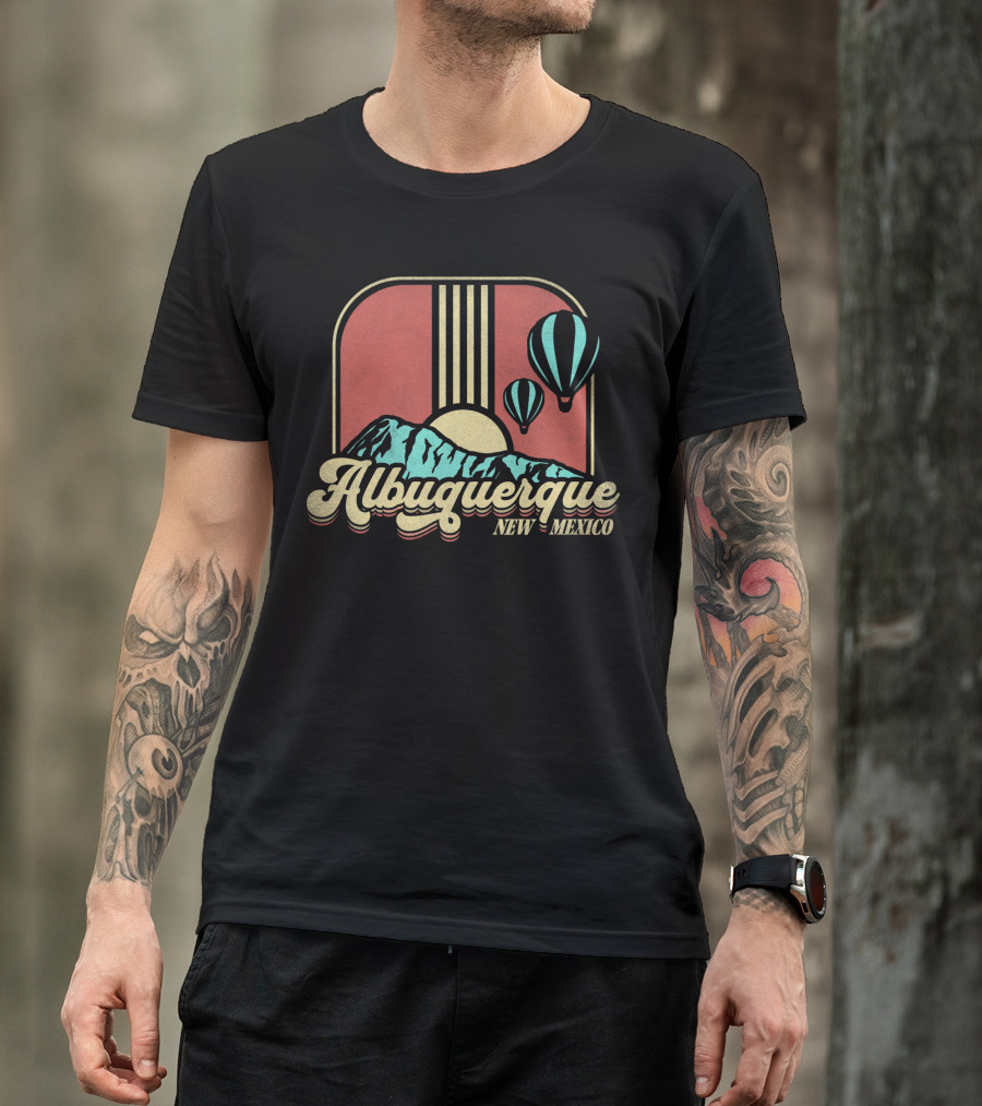 Albuquerque New Mexico Hot Air Balloon Retro Vintage Mountains Sunburst T-Shirt